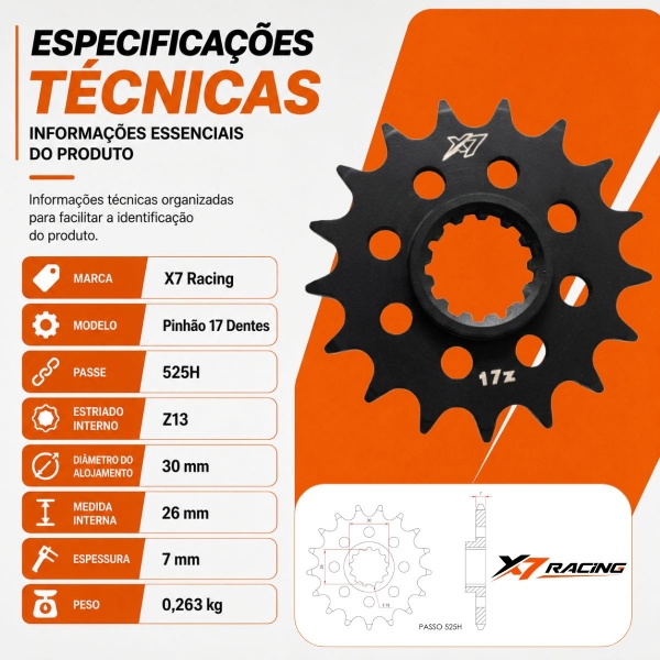 Pinhão X7 17 Dentes BMW S1000RR Passe 525H Alta Resistência