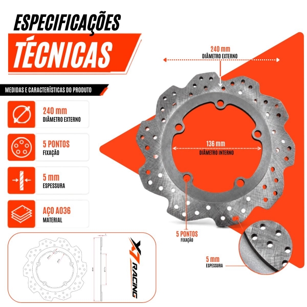 Disco Freio Traseiro NC 750X NC 750S Fixação 5 Pontos X7 Racing